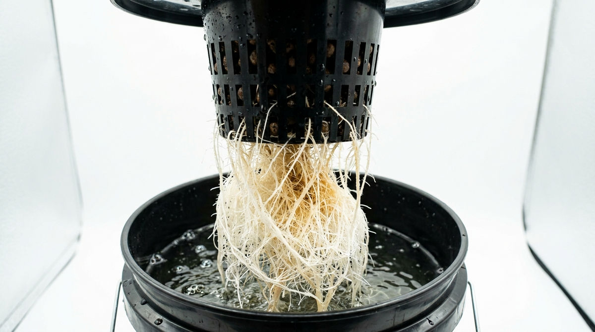 Healthy white hydroponic roots suspended in clear nutrient water, no root rot