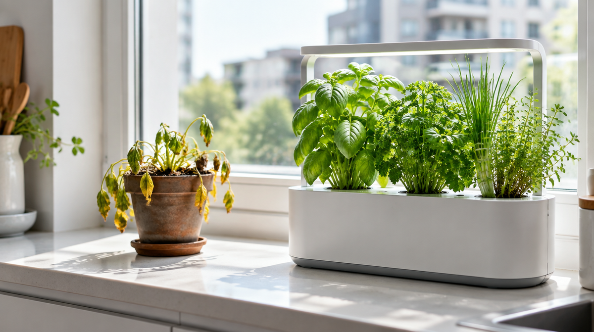 A wilting herb in a soil pot next to a thriving green hydroponic planter on a bright apartment windowsill