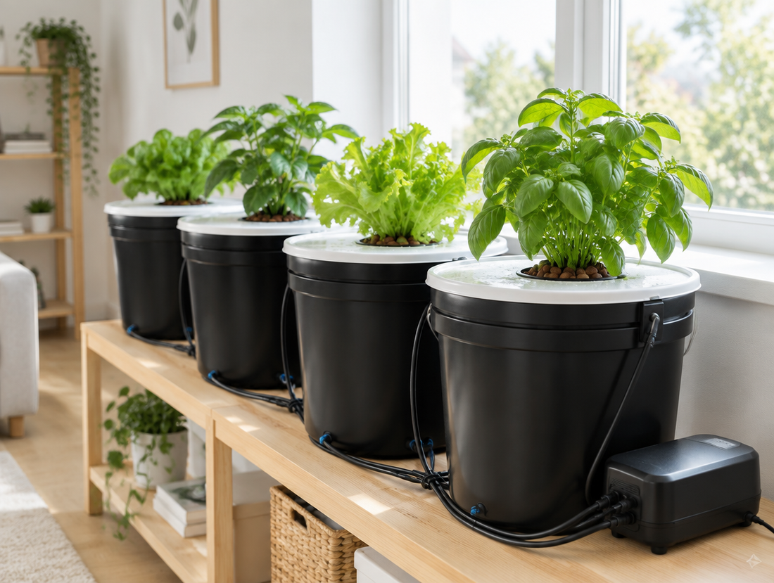 Opaque, light-blocking hydroponic DWC bucket garden system with healthy green plants on a bright shelf