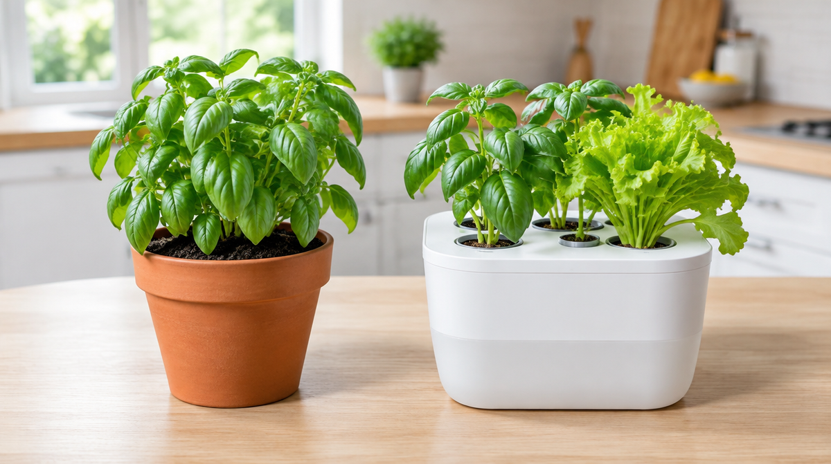 Basil growing in a terracotta pot of soil next to basil and lettuce in a small white hydroponic planter on a kitchen counter