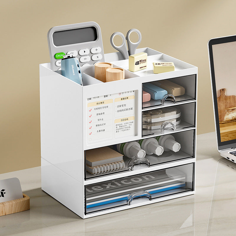 Transparent drawer desk organizer with multiple compartments for easy access and neat storage of office supplies.