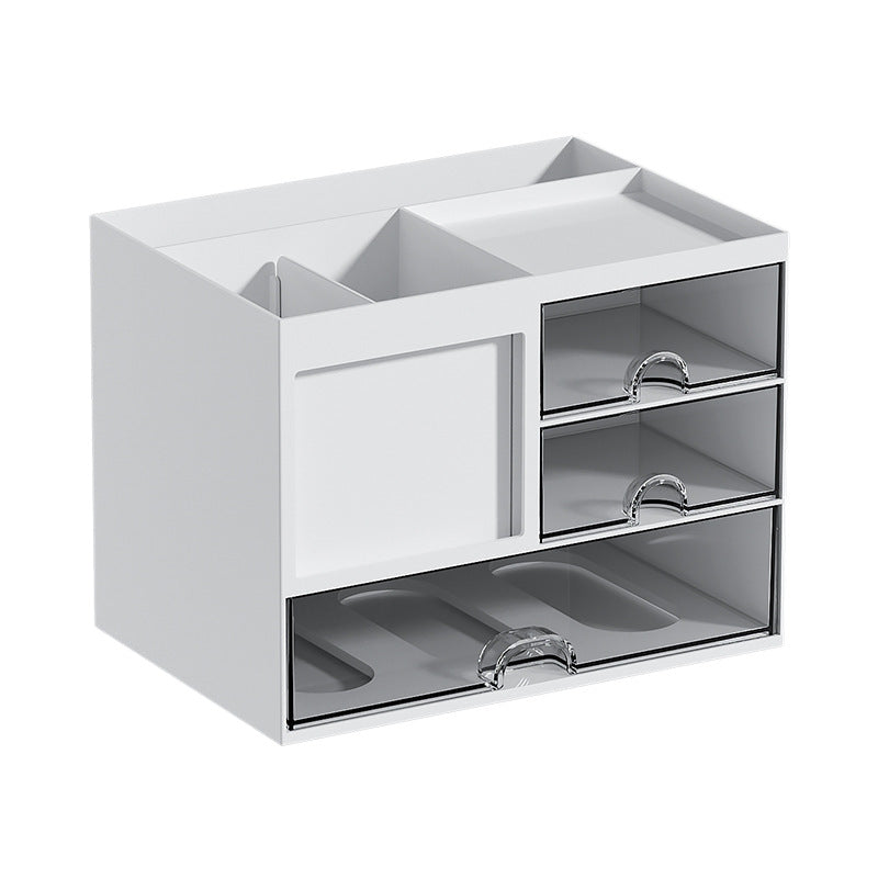 Clear drawer desk organizer with multiple compartments for easy access to pens, paper clips, and office supplies.