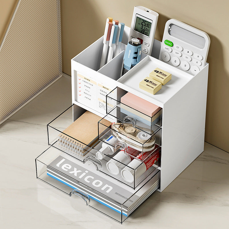 Clear plastic drawer desk organizer with multiple compartments, ideal for storing office supplies and keeping everything easily accessible.