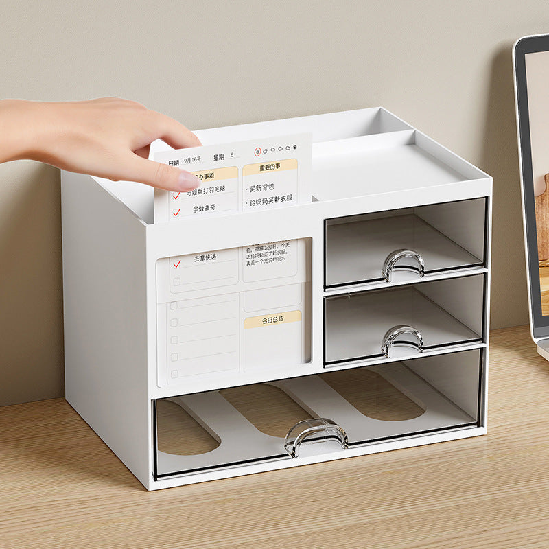 Clear drawer desk organizer with multiple compartments for easy access to office supplies and stationery.