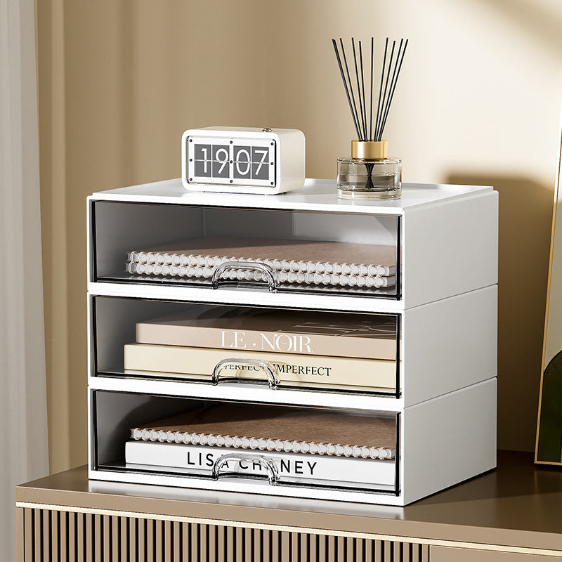 Clear drawer desk organizer with multiple compartments, perfect for neatly storing office supplies and keeping your workspace tidy.