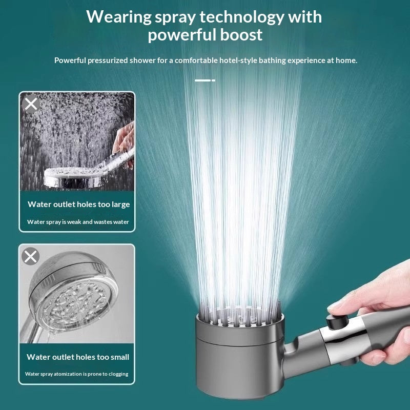 Water purifying shower filter shown attached to a showerhead, designed to improve water quality and provide a cleaner shower experience.