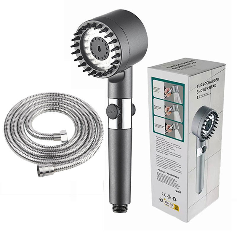 Water purifying shower filter attached to a showerhead, showcasing clean water flow for a healthier shower experience.