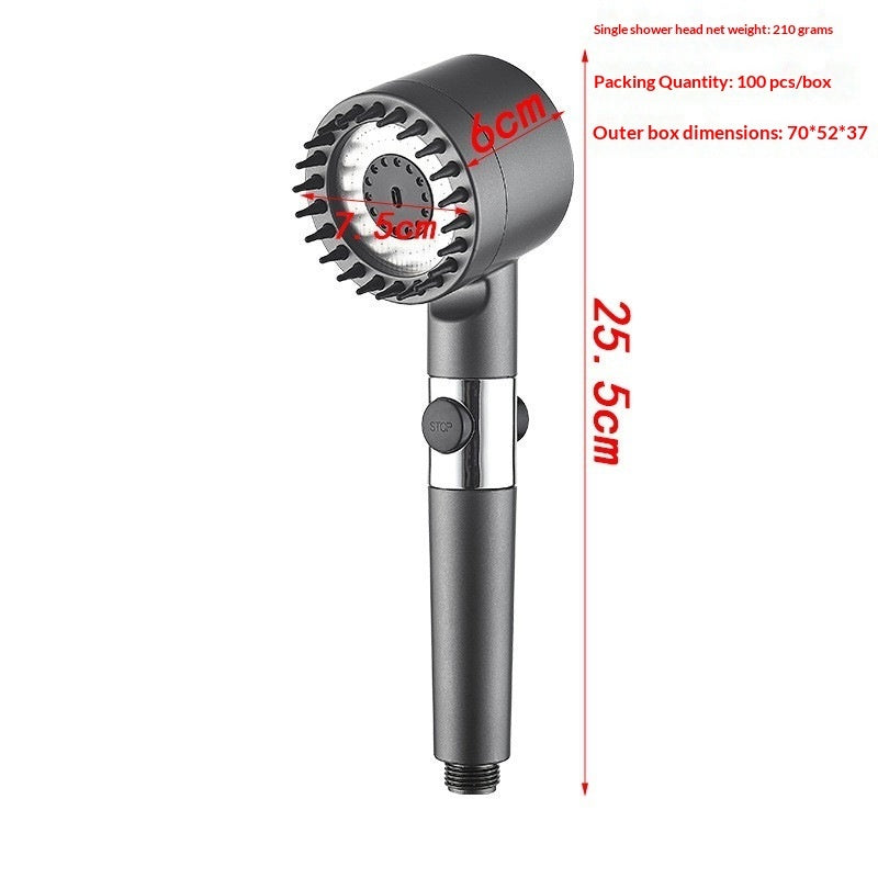 Water purifying shower filter showing the device attached to a shower head for cleaner, healthier water flow.