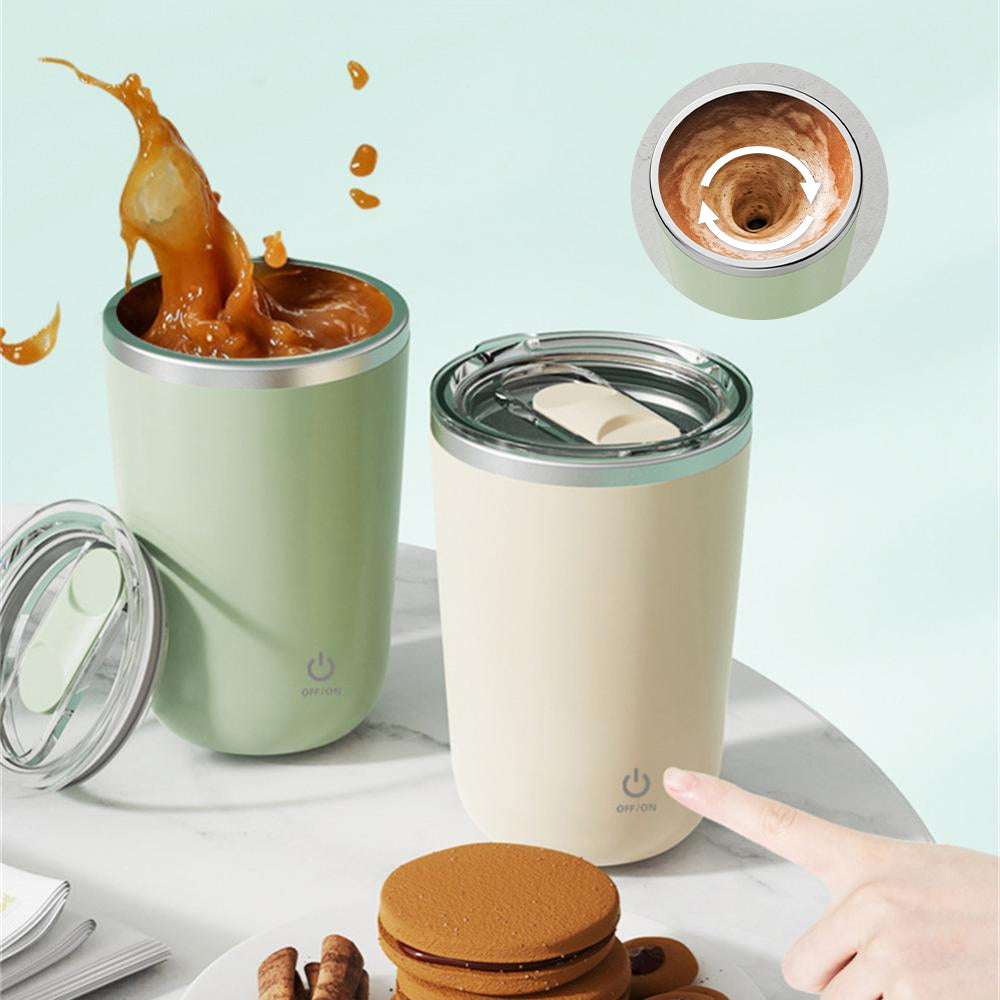 Magical self-stirring mug featuring a sleek design for effortless mixing of beverages with a simple press.