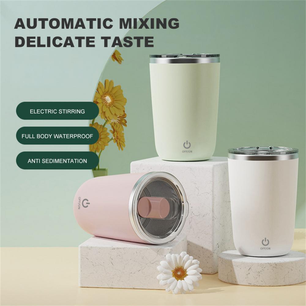 Magic self-stirring mug with a sleek design, featuring a button to effortlessly mix beverages inside the mug.