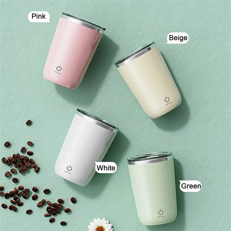 Magic self-stirring mug with a sleek design, featuring a button for effortless mixing of beverages in the cup.