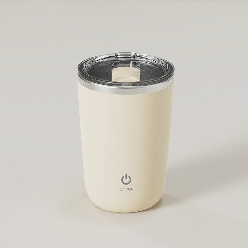 Self-stirring magic mug showing a sleek design with a button for mixing beverages effortlessly.