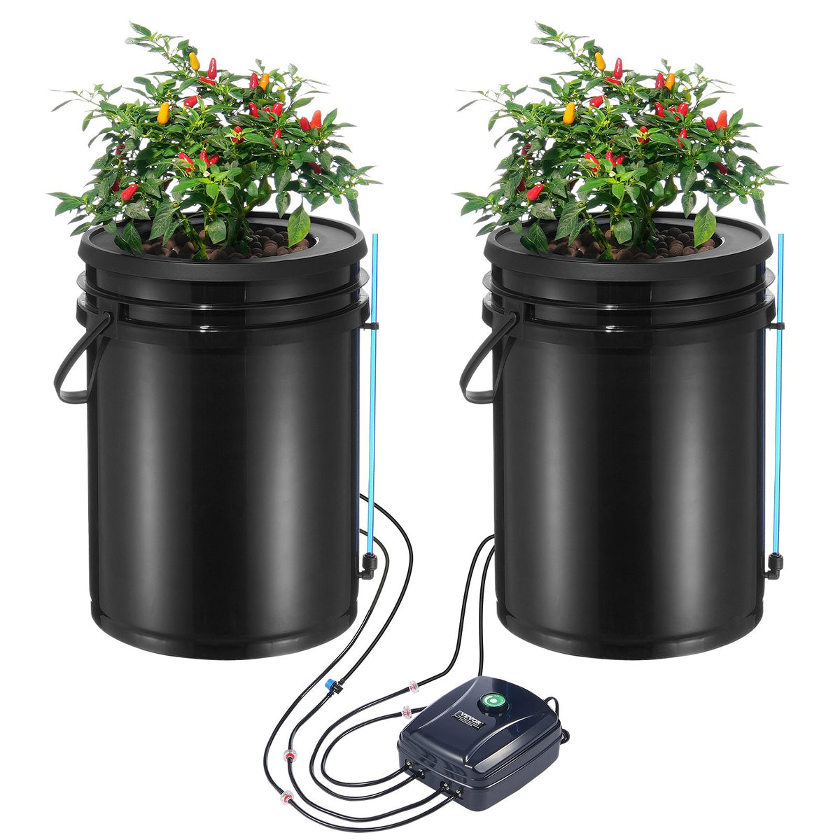Hydroponic gardening system with two buckets, ideal for compact indoor planting and efficient crop production.