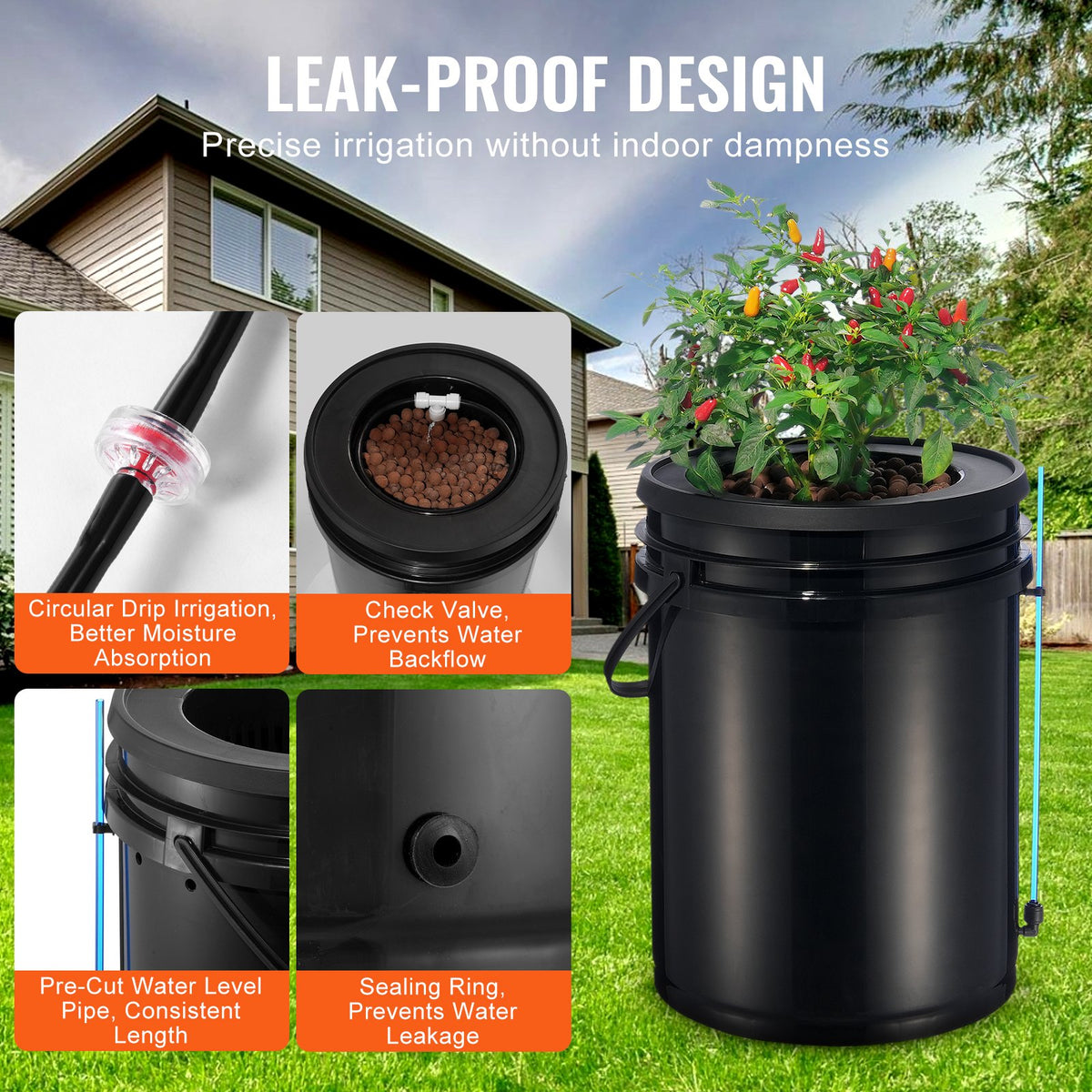 Two-bucket hydroponic system for compact indoor gardening, supporting efficient plant growth with minimal space.