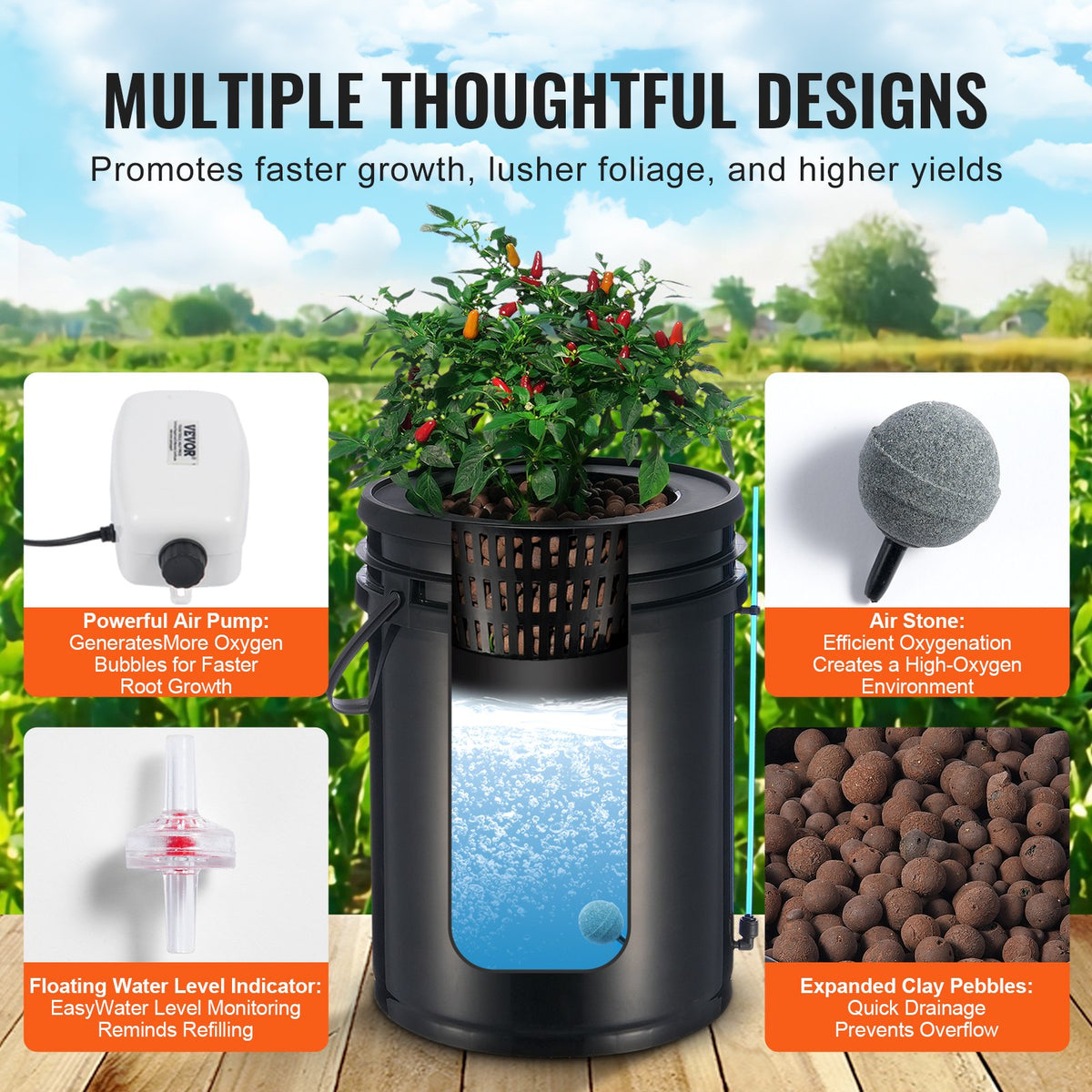 Two-bucket hydroponic gardening system designed for space-efficient indoor plant cultivation and healthy growth.