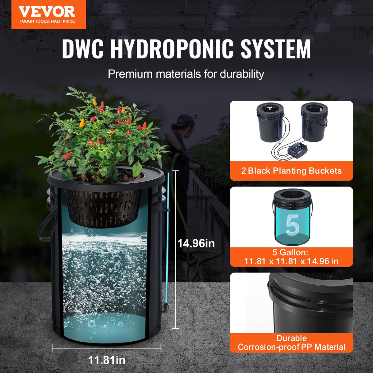 Hydroponic 2-bucket system designed for efficient indoor plant growth with minimal space requirements.