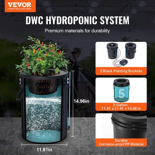 Hydroponic 2-bucket system designed for efficient indoor plant growth with minimal space requirements.