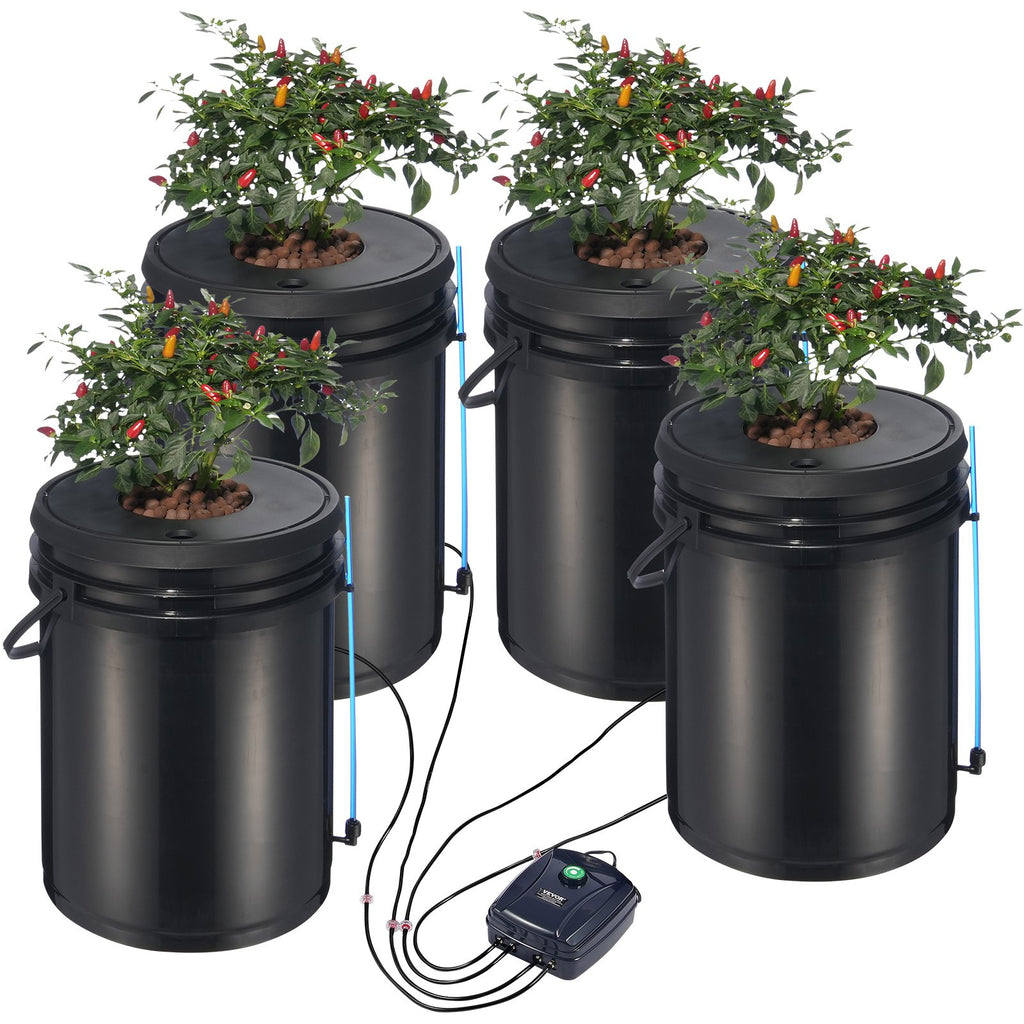 Four-bucket deep water culture (DWC) hydroponic system for growing fresh greens indoors with a sturdy, efficient design.