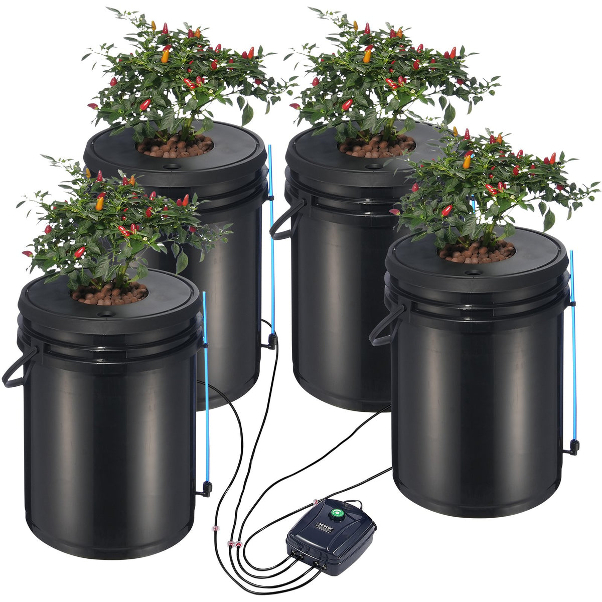Four-bucket deep water culture (DWC) hydroponic system for growing fresh greens indoors with a sturdy, efficient design.
