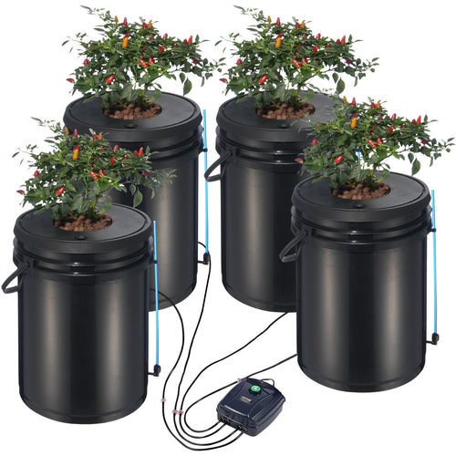 Four-bucket deep water culture (DWC) hydroponic system for growing fresh greens indoors with a sturdy, efficient design.