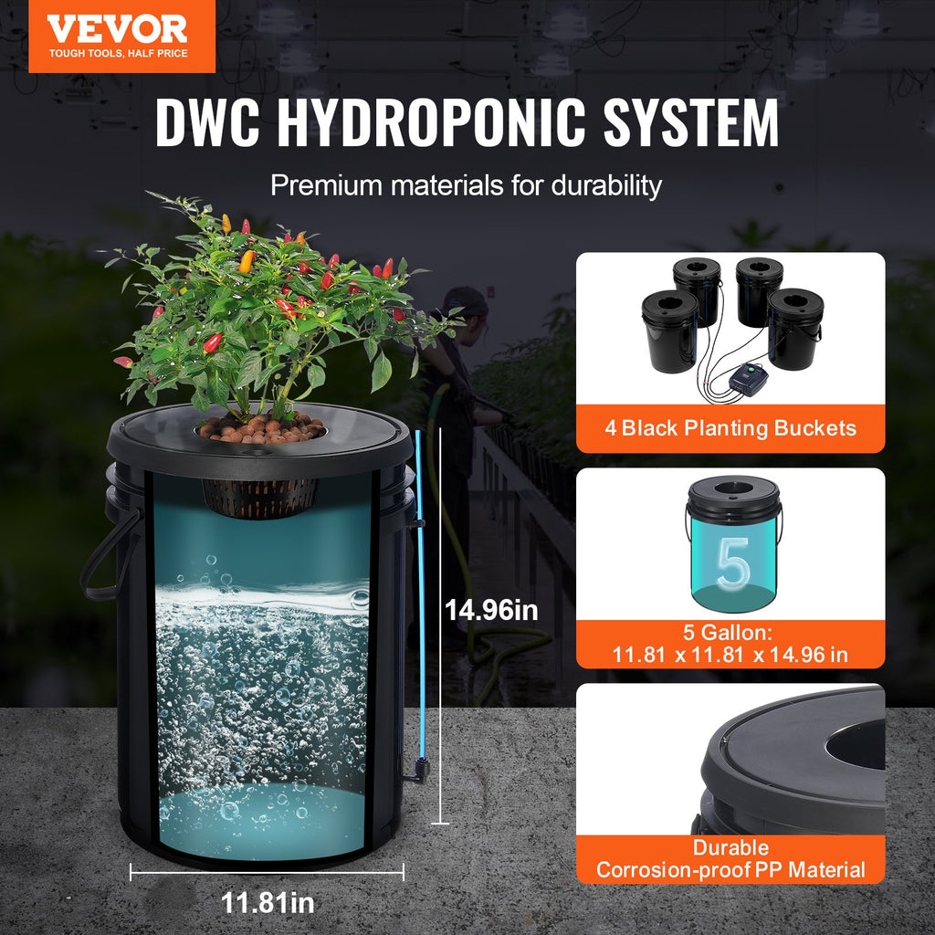 Four-bucket deep water culture (DWC) hydroponic system for growing fresh greens indoors, featuring sturdy plastic containers and nutrient reservoirs.