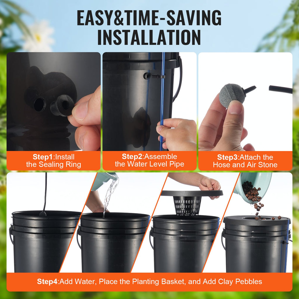 Four-bucket deep water culture (DWC) hydroponic garden system for growing fresh greens indoors, featuring durable buckets and nutrient reservoirs.