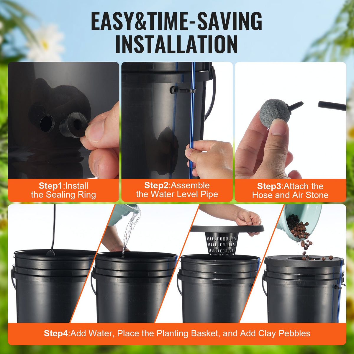 Four-bucket deep water culture (DWC) hydroponic garden system for growing fresh greens indoors, featuring durable buckets and nutrient reservoirs.