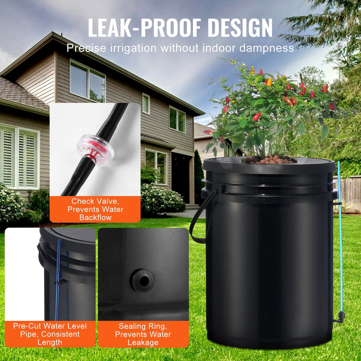 Four-bucket deep water culture (DWC) garden system for growing fresh greens indoors, featuring sturdy buckets and aeration setup.
