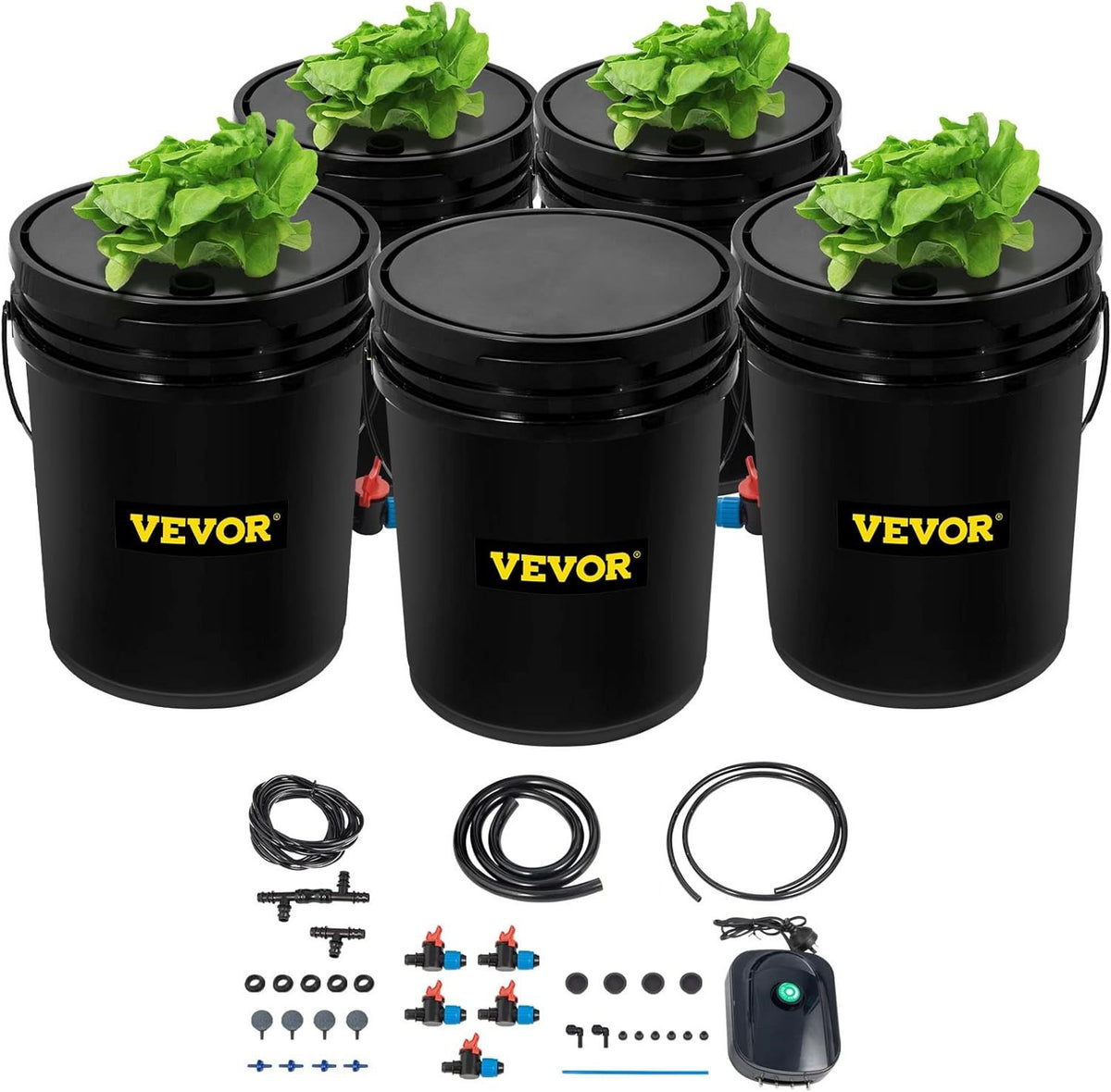 Close-up of a 5-bucket DWC hydroponic garden system for growing fresh greens at home, showcasing the healthy leafy plants.