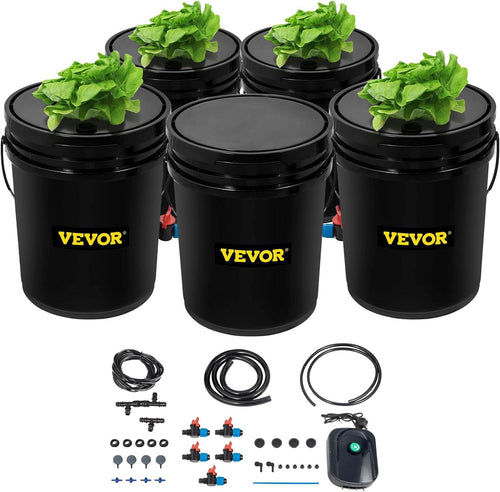 Close-up of a 5-bucket DWC hydroponic garden system for growing fresh greens at home, showcasing the healthy leafy plants.