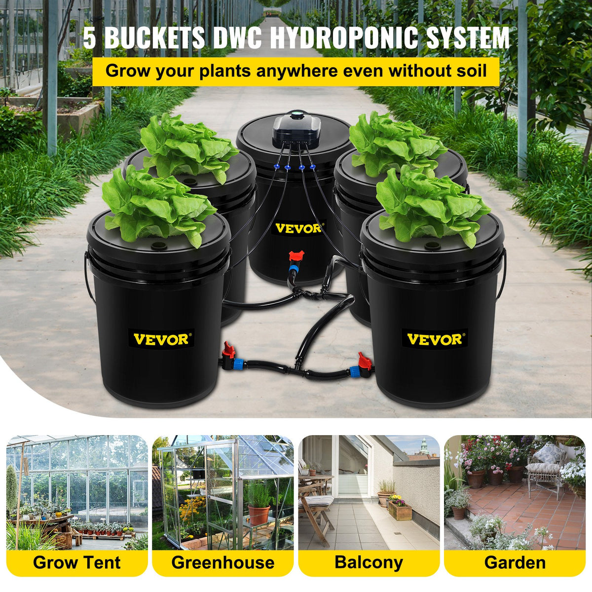 A 5-bucket deep water culture (DWC) hydroponic garden kit for growing fresh leafy greens at home, featuring durable buckets and equipment.