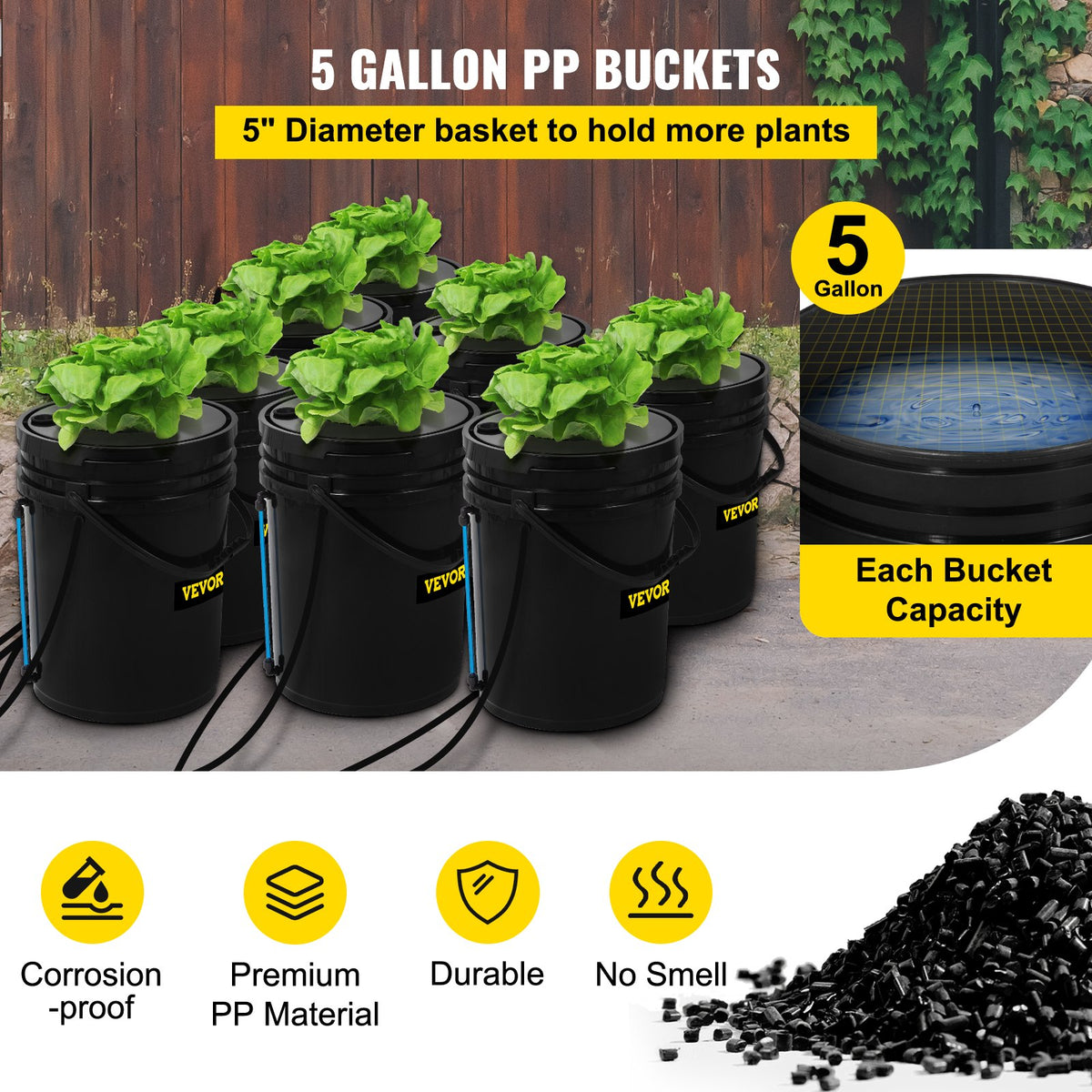 Image of an 8-bucket DWC hydroponic garden kit showcasing vibrant green leafy vegetables growing in the deep water culture system.