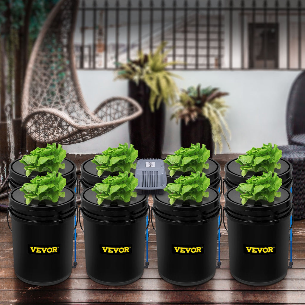Bright image of an 8-bucket deep water culture (DWC) hydroponic garden system for growing fresh greens at home.