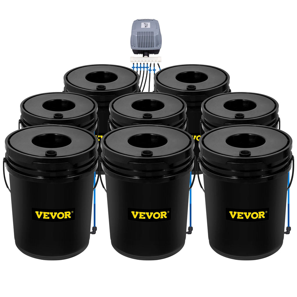 Eight-bucket deep water culture (DWC) garden system for growing fresh homegrown greens indoors or outdoors.