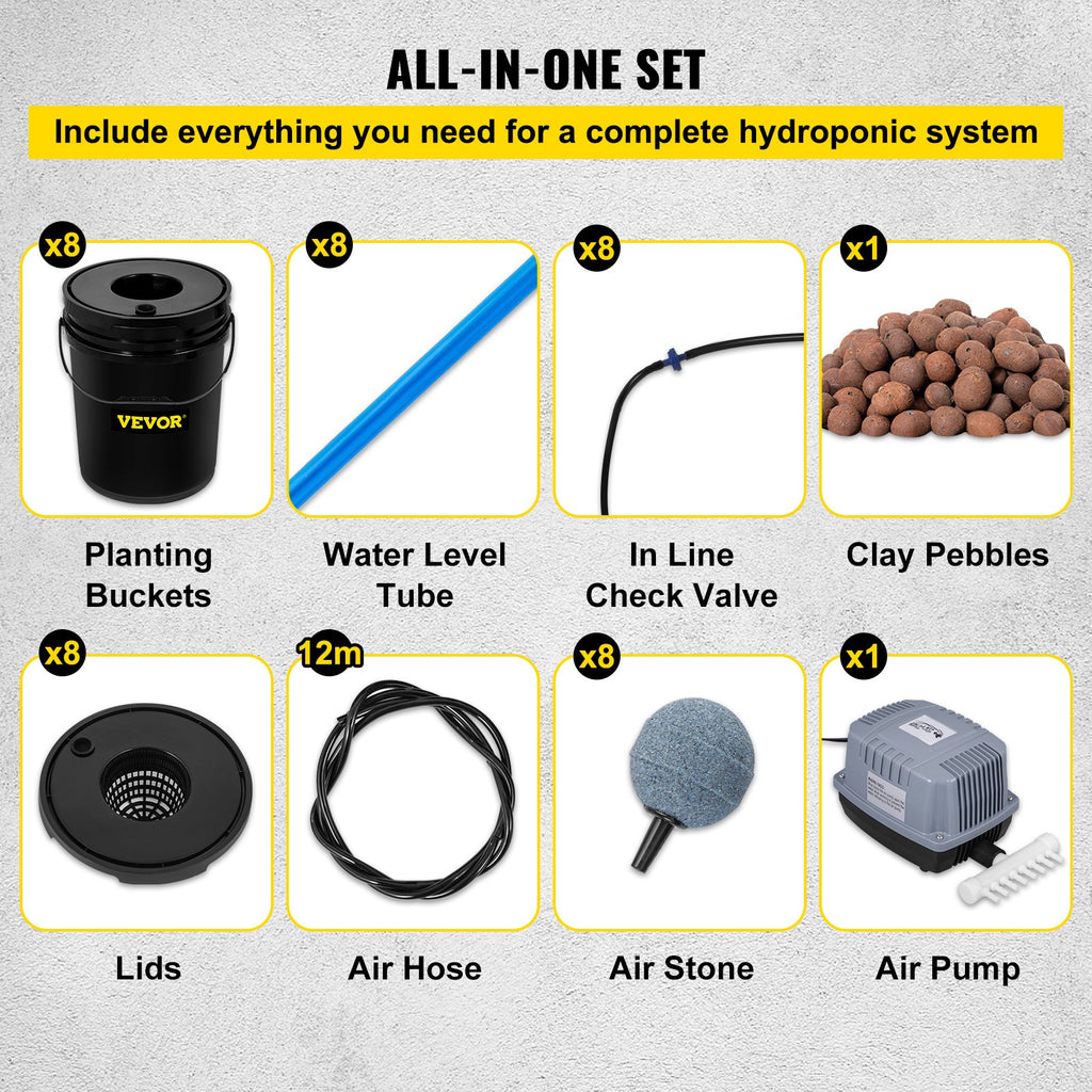 Green 8-bucket DWC hydroponic garden system for growing fresh homegrown greens indoors. Easy-to-use, space-efficient setup.