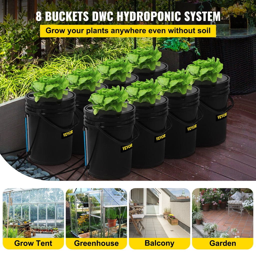 An 8-bucket deep water culture (DWC) garden system for growing fresh greens at home, featuring sturdy buckets with plants.