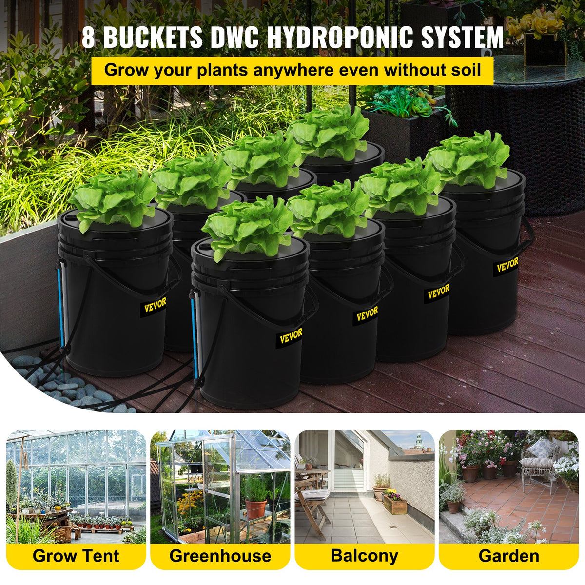 An 8-bucket deep water culture (DWC) garden system for growing fresh greens at home, featuring sturdy buckets with plants.