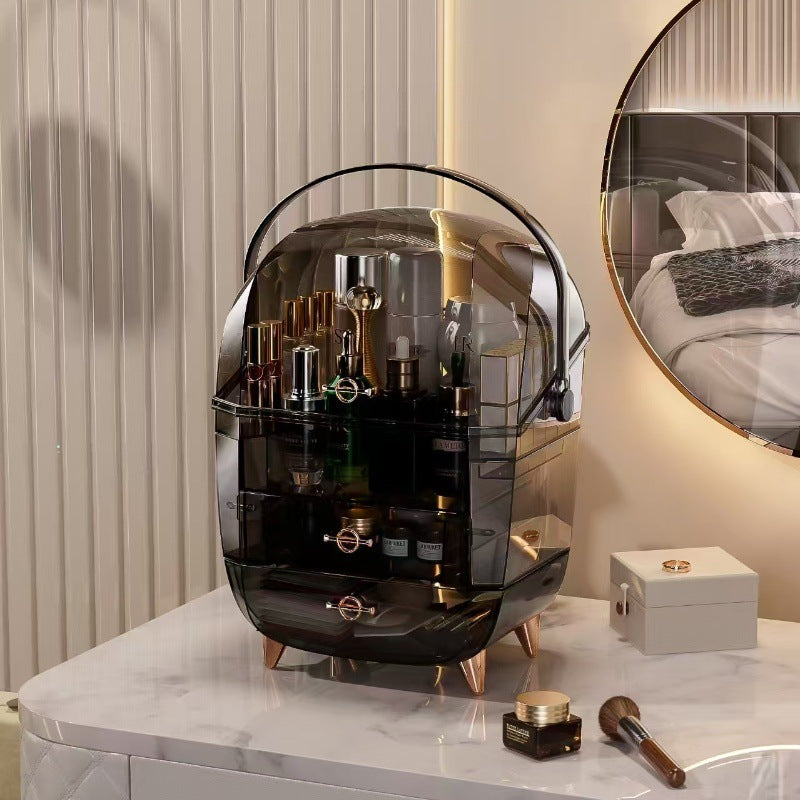 Elegant makeup organizer holding brushes, palettes, and cosmetics, perfect for stylishly organizing beauty essentials at home.
