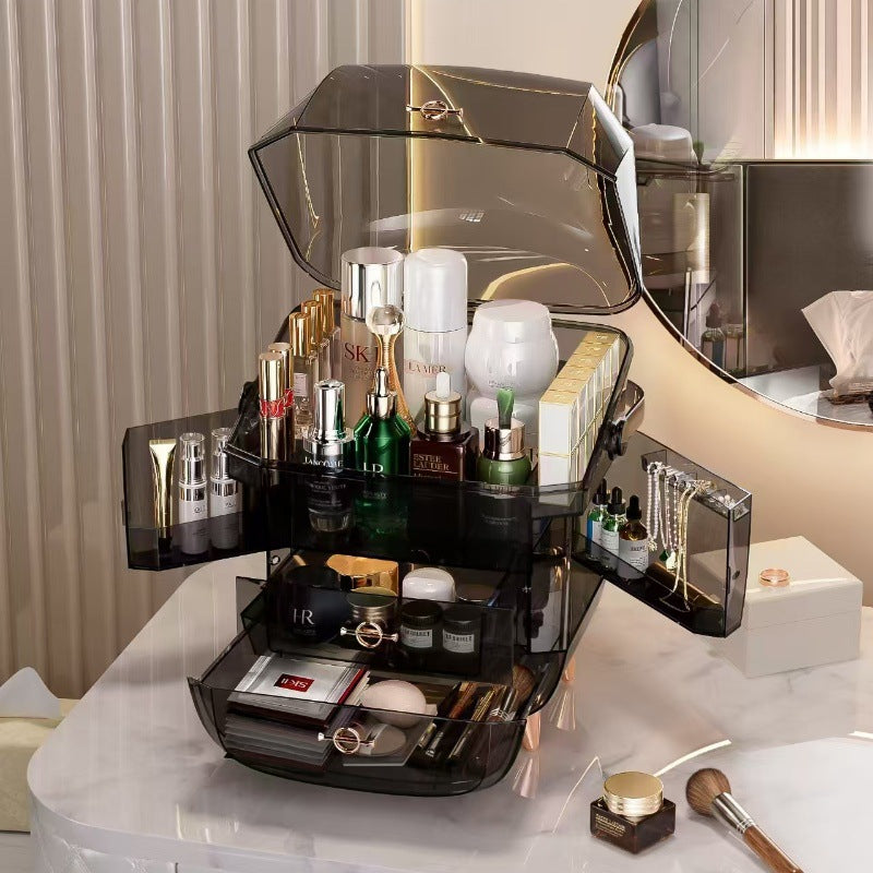 Elegant makeup organizer with multiple compartments, holding cosmetics, brushes, and beauty essentials in a stylish home storage solution.