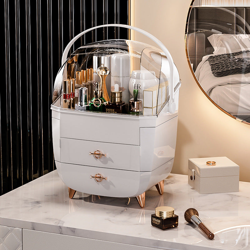 Elegant makeup organizer with multiple compartments holding brushes, lipsticks, and skincare products for a tidy beauty space.