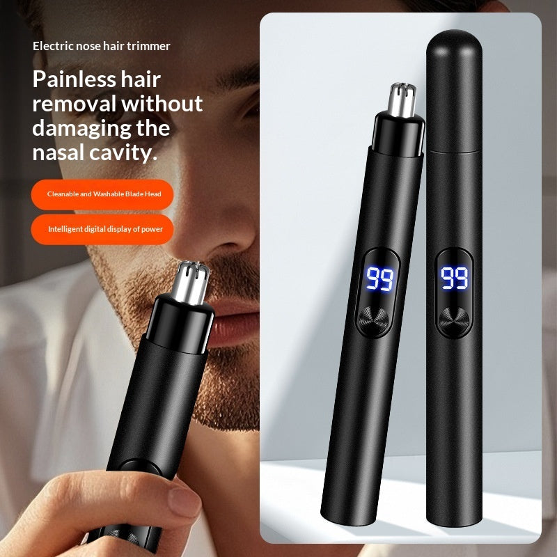 Close-up of the QuickTrim Nose Hair Trimmer showing its compact design and grooming blades for easy nose hair trimming.