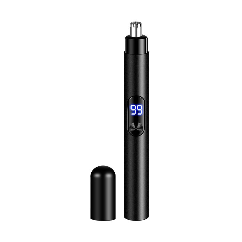 Close-up of the QuickTrim nose hair trimmer with a sleek design, showing the precision trimming head for easy grooming.