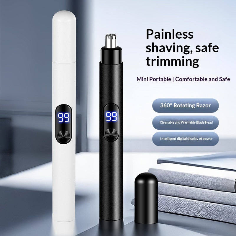 Close-up of the QuickTrim Nose Hair Trimmer showing its compact design and trimming blades for easy grooming.