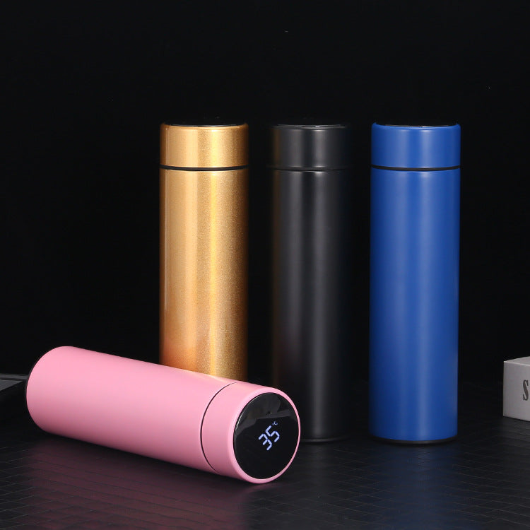 Smart water bottle designed to keep beverages at the ideal temperature, featuring sleek design and easy-to-use lid.