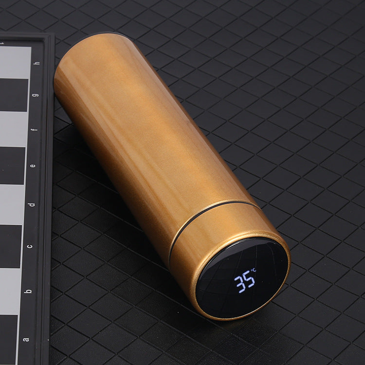 Smart water bottle with a sleek design, showcasing its temperature display and ergonomic shape for easy sipping.
