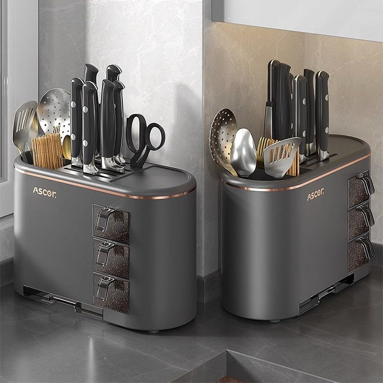 Smart kitchen organizer showcasing a compact storage solution for cooking utensils and essentials in a modern kitchen.