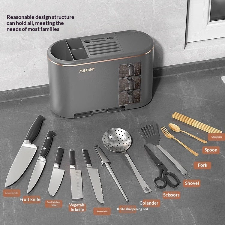 Smart kitchen organizer holding cooking utensils, spices, and tools for easy access and tidy countertop storage.