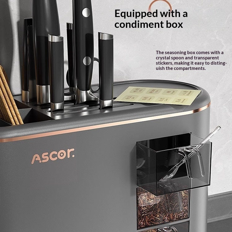 Smart kitchen organizer with multiple compartments for easy storage of cooking utensils, spices, and essentials in a modern kitchen.