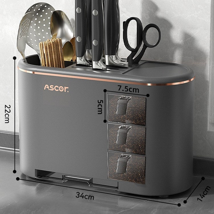 Smart kitchen organizer with multiple compartments for easy storage of cooking utensils, spices, and kitchen essentials.