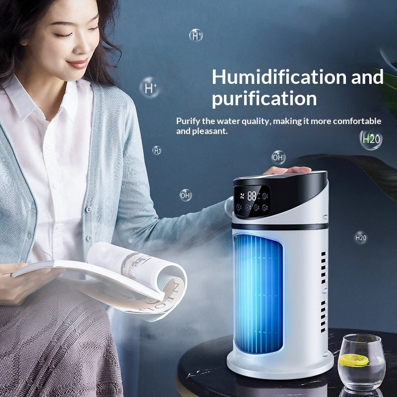 Compact mini air cooler, ideal for cooling small spaces at home or office, featuring adjustable settings and portable design.